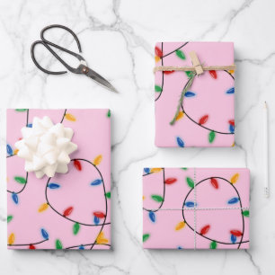 Colourful Festive Christmas Lights Pattern Pink Wrapping Paper Sheet