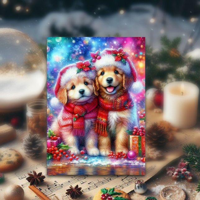 Colourful Festive Christmas Puppies Christian  Holiday Card (Creator Uploaded)