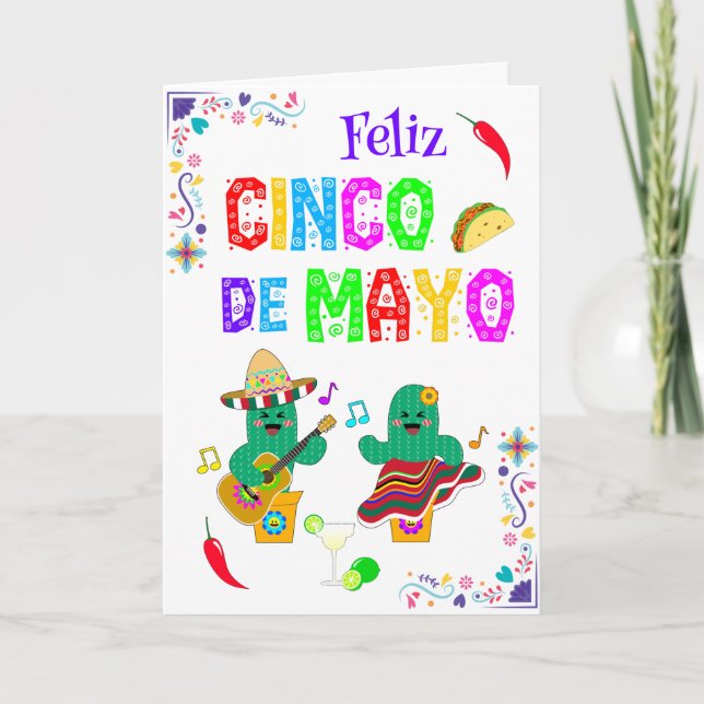 Colourful Festive Cinco de Mayo 2025 Dancing Cactu Card (Front)