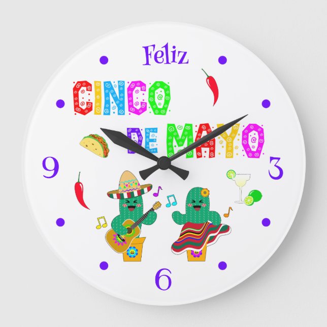 Colourful Festive Cinco de Mayo 2025 Dancing Cactu Large Clock (Front)