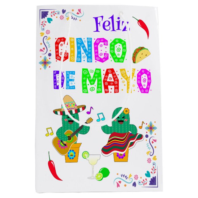Colourful Festive Cinco de Mayo 2025 Dancing Cactu Medium Gift Bag (Front)