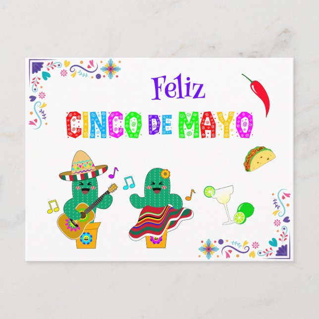 Colourful Festive Cinco de Mayo 2025 Dancing Cactu Postcard (Front)