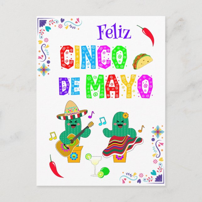 Colourful Festive Cinco de Mayo 2025 Dancing Cactu Postcard (Front)