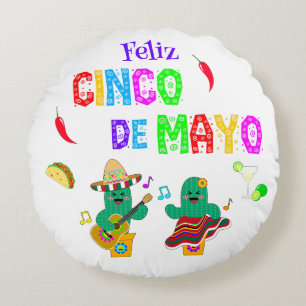Colourful Festive Cinco de Mayo 2025 Dancing Cactu Round Cushion