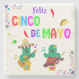 Colourful Festive Cinco de Mayo 2025 Dancing Cactu Stone Coaster