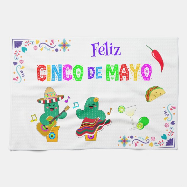 Colourful Festive Cinco de Mayo 2025 Dancing Cactu Tea Towel (Horizontal)