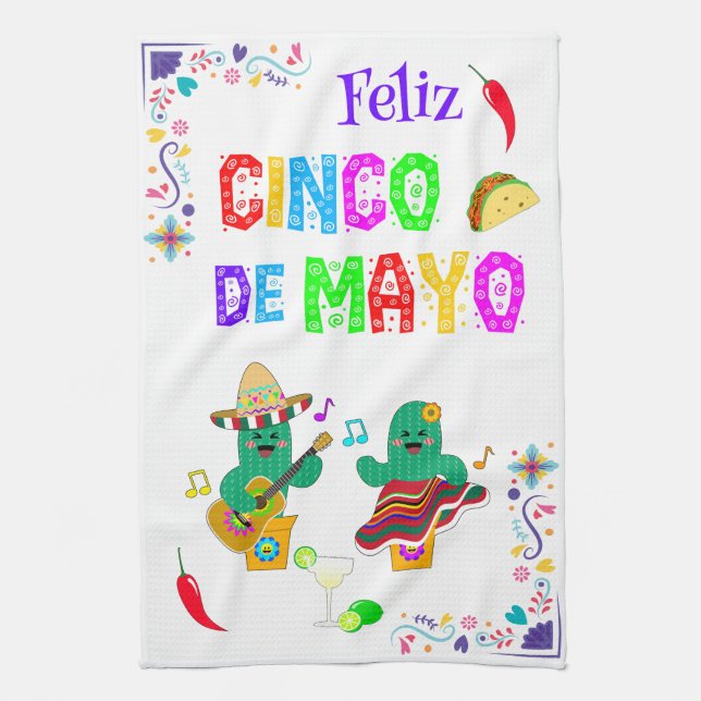 Colourful Festive Cinco de Mayo 2025 Dancing Cactu Tea Towel (Vertical)