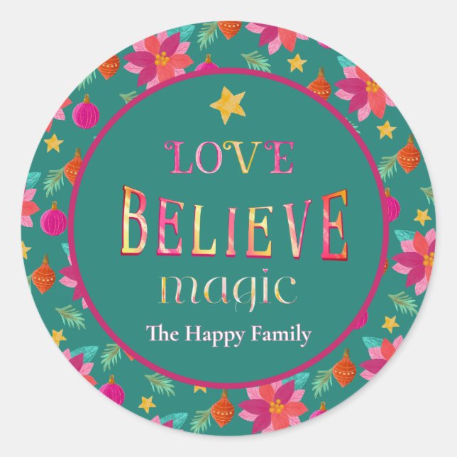 Colourful Festive Floral Believe Christmas  Classic Round Sticker (Front)