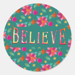 Colourful Festive Floral Believe Christmas Classic Round Sticker