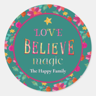 Colourful Festive Floral Believe Christmas Classic Round Sticker