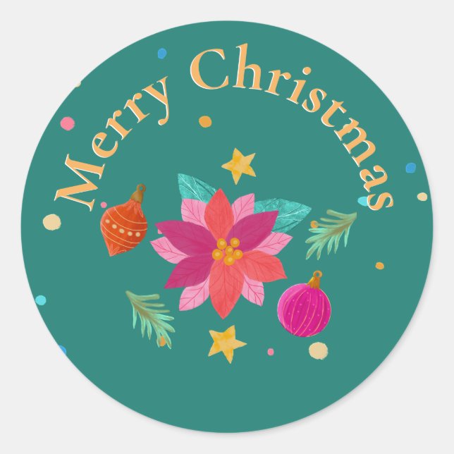 Colourful Festive Floral Green Pink Christmas Classic Round Sticker (Front)
