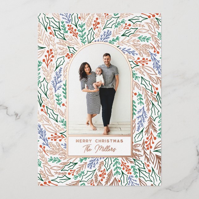 Colourful Festive Floral Photo Arch Christmas Foil Holiday Card (Front)