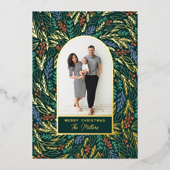 Colourful Festive Floral Photo Arch Christmas Foil Holiday Card (Front)