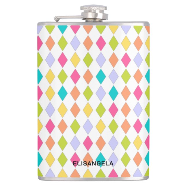 Colourful Festive Geometric Pattern With Name Hip Flask (Front)