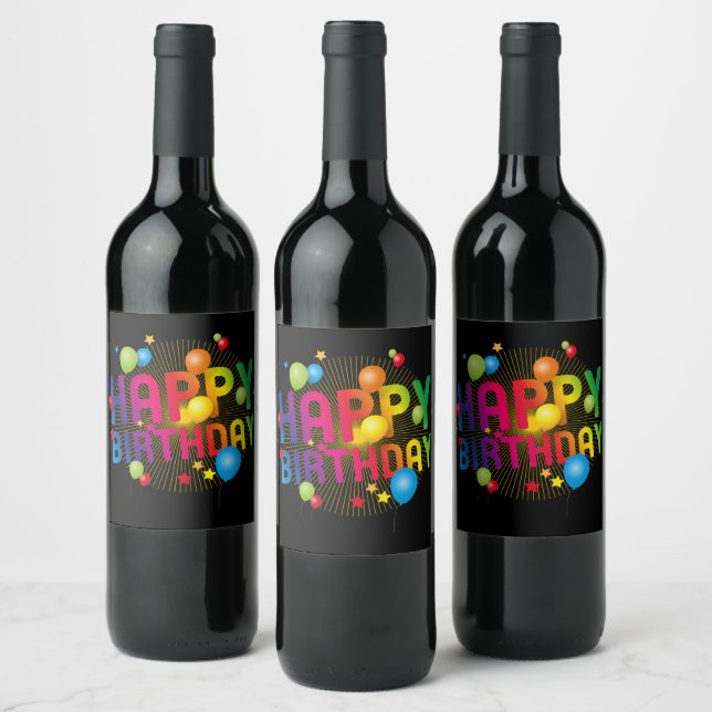 Colourful Festive Happy Birthday  Wine Label (Bottles)