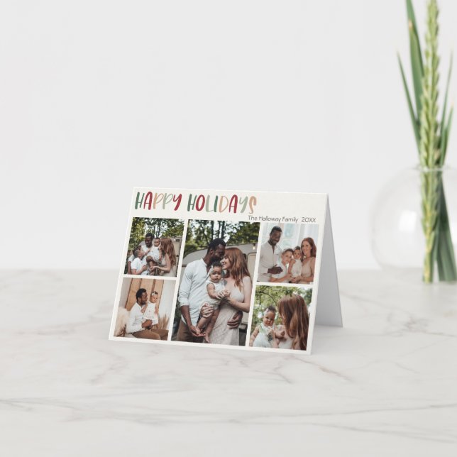 Colourful Festive Happy Holidays Folded Five Photo Holiday Card (Front)