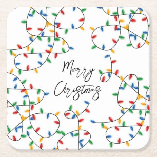 Colourful Festive Merry Christmas Lights Pattern Square Paper Coaster
