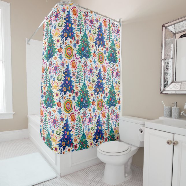 Colourful Festive Tree Pattern Shower Curtain (In Situ)