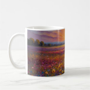 colourful field of flowers at sunset mug