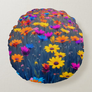 Colourful Field Of Flowers Round Cushion