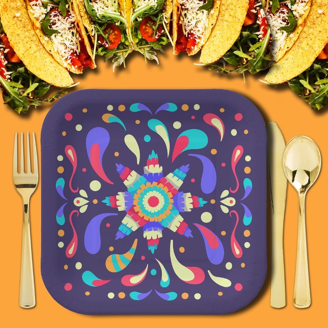 Colourful Fiesta Blue Paper Plate (Colorful Mexican Fiesta Pinata Blue Square Paper Plates)
