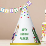 Colourful Fiesta Cactus Any Age Kids Birthday Party Hat<br><div class="desc">Fiesta birthday party hats,  personalised with name and age,  for boy or girl. This colourful design features a Mexican fiesta theme,  complete with cactus,  llama and colourful spots. Check out our Three-Esta Fiesta 3rd Birthday Party collection for co-ordinating items or message me to create the templates you need.</div>