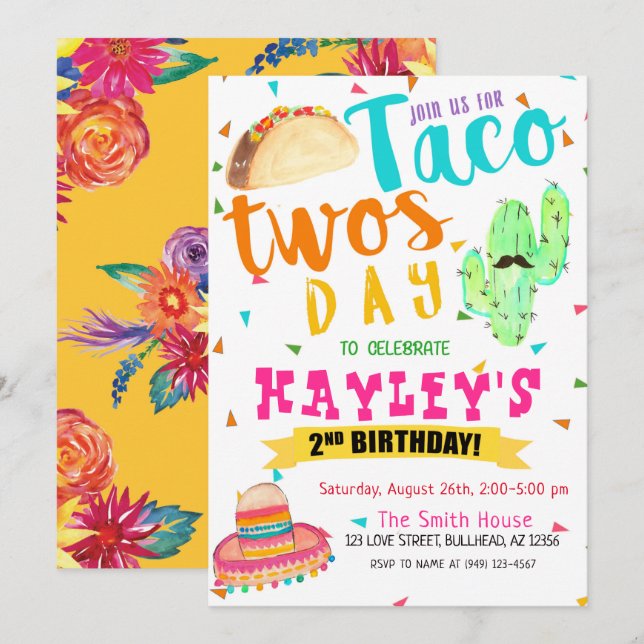 Colourful Fiesta Taco TWO-sday Party 2nd Birthday Invitation (Front/Back)