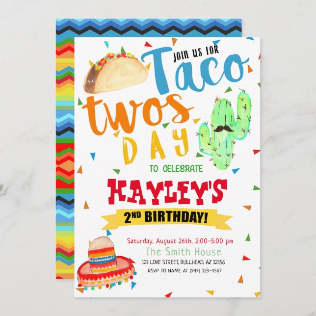 Colourful Fiesta Watercolor Taco Party 2nd Birthda Invitation (Front/Back)