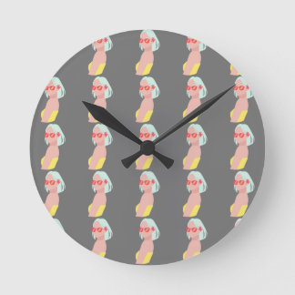 Colourful Figure Pattern on Grey Background Round Clock