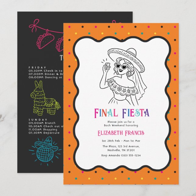 Colourful Final Fiesta Mexican Bachelorette Weeken Invitation (Front/Back)