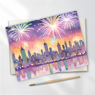 Colourful Fireworks City Watercolor Lofi New Yea Holiday Postcard