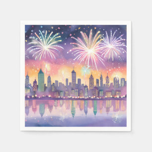 Colourful Fireworks City Watercolor Lofi New Yea Napkin
