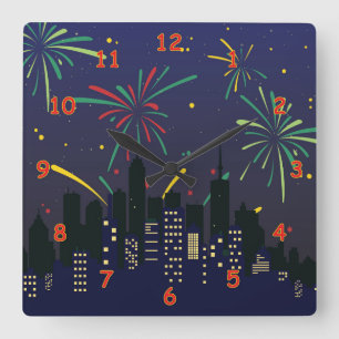 Colourful Fireworks Over the City Skyline Sketch Square Wall Clock