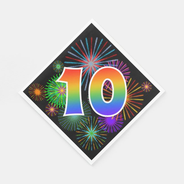 Colourful Fireworks + Rainbow Pattern "10" Event # Napkin (Corner)