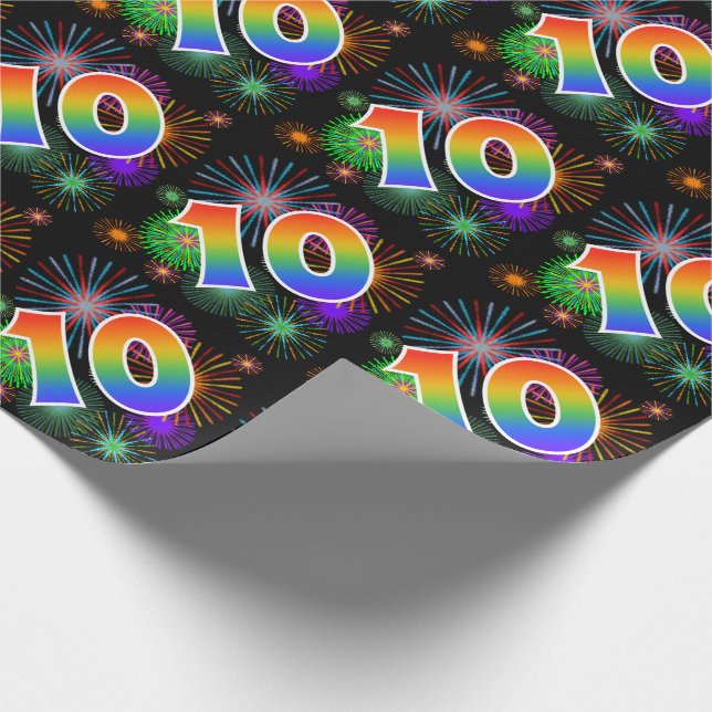 Colourful Fireworks + Rainbow Pattern "10" Event # Wrapping Paper (Corner)