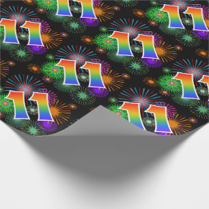 Colourful Fireworks + Rainbow Pattern "11" Event # Wrapping Paper
