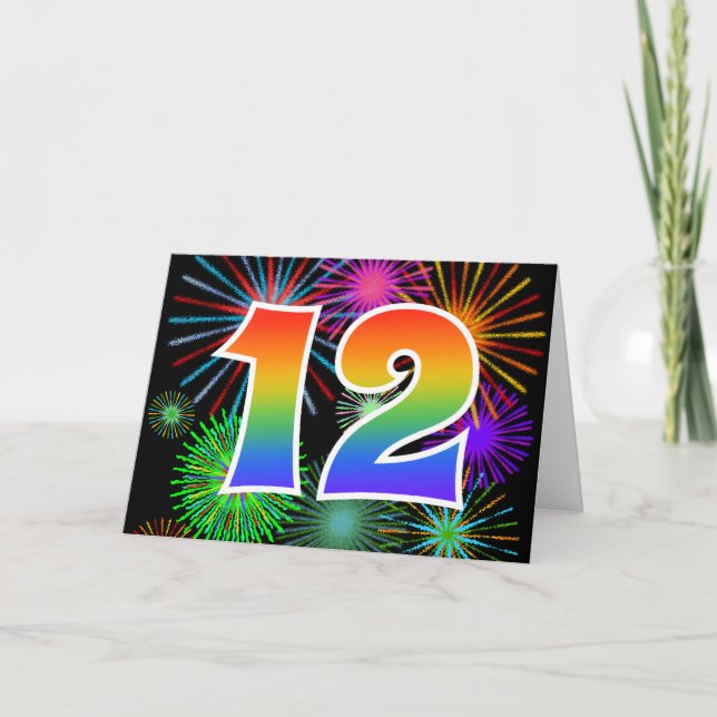 Colourful Fireworks + Rainbow Pattern "12" Event # Card (Front)