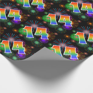 Colourful Fireworks + Rainbow Pattern "14" Event # Wrapping Paper