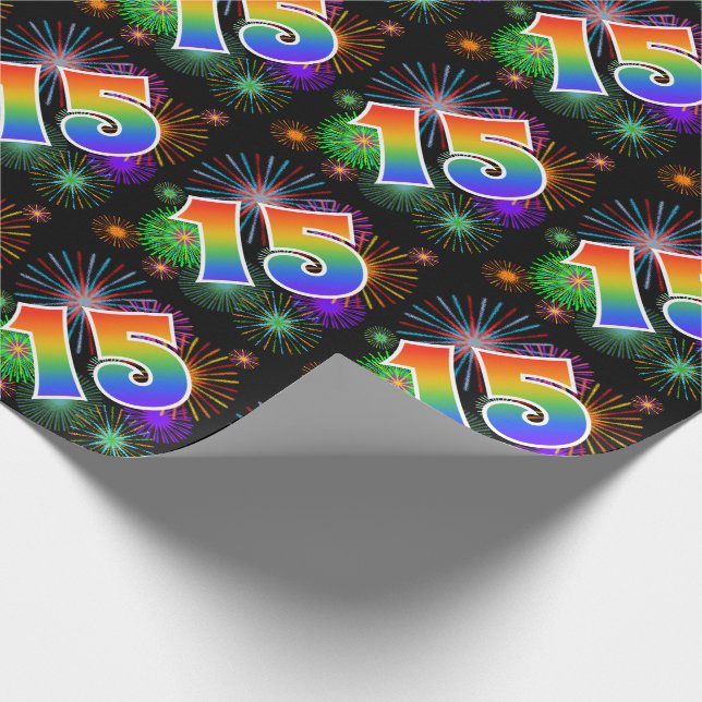 Colourful Fireworks + Rainbow Pattern "15" Event # Wrapping Paper (Corner)
