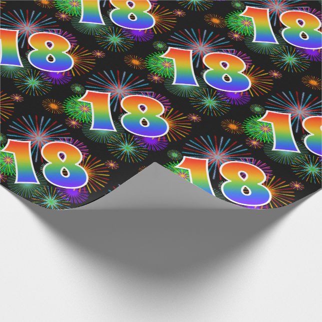 Colourful Fireworks + Rainbow Pattern "18" Event # Wrapping Paper (Corner)
