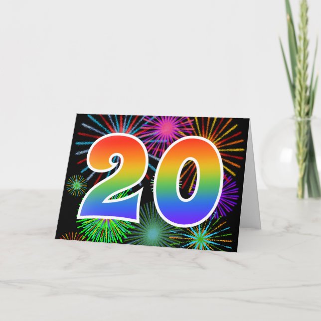 Colourful Fireworks + Rainbow Pattern "20" Event # Card (Front)