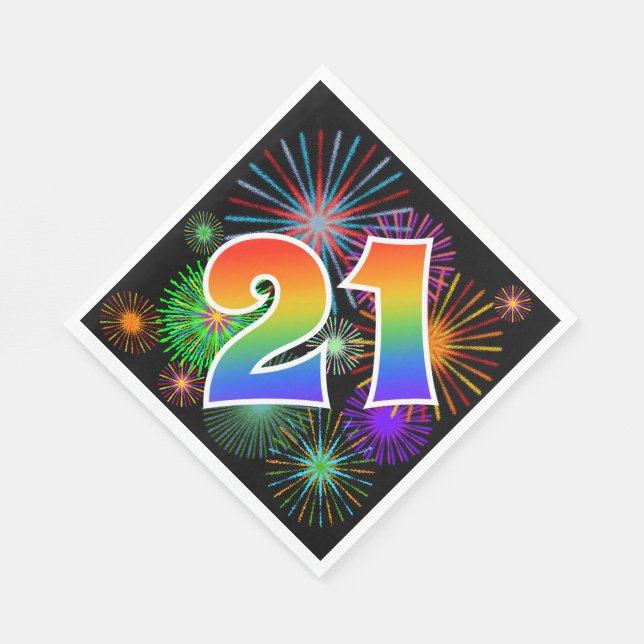 Colourful Fireworks + Rainbow Pattern "21" Event # Napkin (Corner)