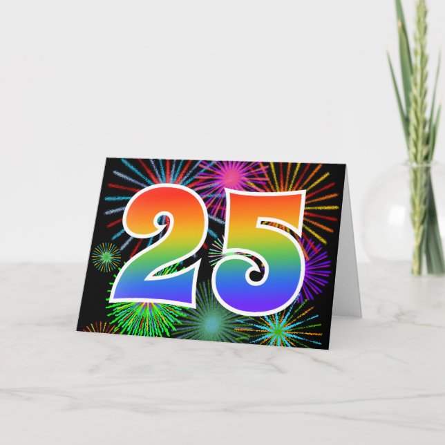 Colourful Fireworks + Rainbow Pattern "25" Event # Card (Front)