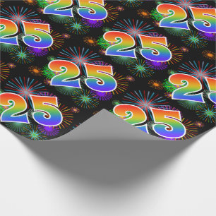 Colourful Fireworks + Rainbow Pattern "25" Event # Wrapping Paper