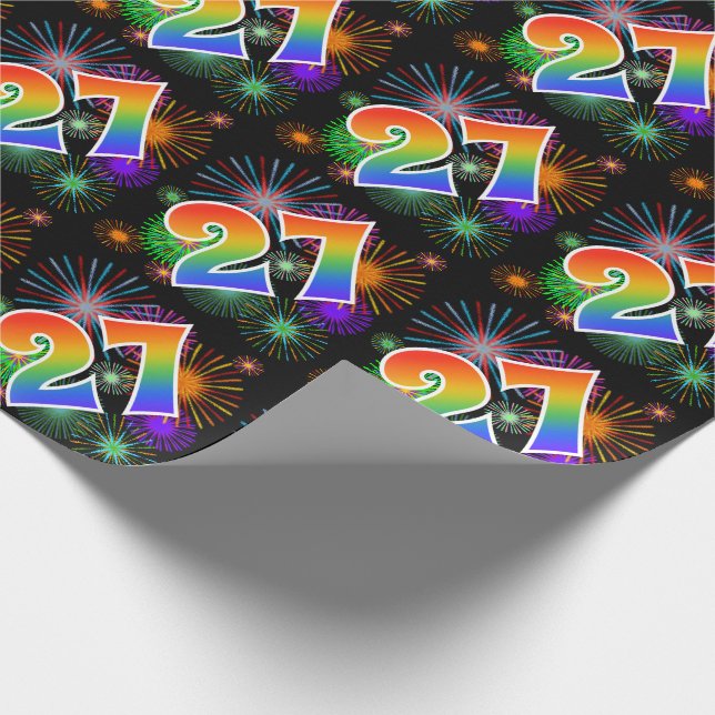 Colourful Fireworks + Rainbow Pattern "27" Event # Wrapping Paper (Corner)