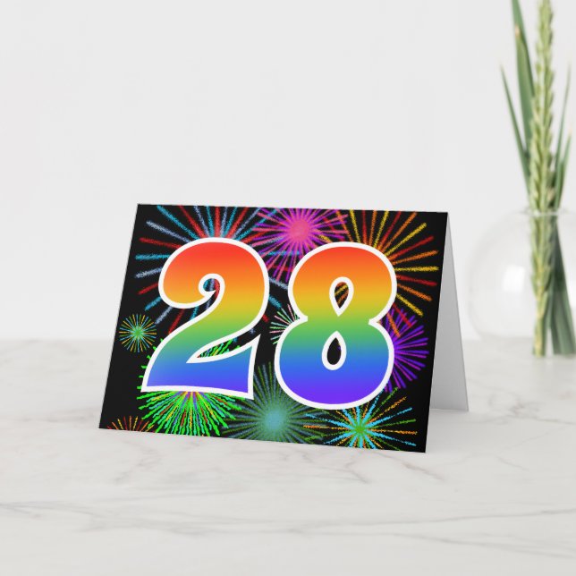 Colourful Fireworks + Rainbow Pattern "28" Event # Card (Front)