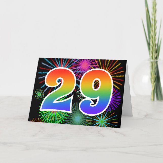 Colourful Fireworks + Rainbow Pattern "29" Event # Card (Front)