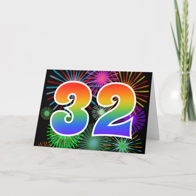 Colourful Fireworks + Rainbow Pattern "32" Event # Card (Front)