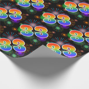 Colourful Fireworks + Rainbow Pattern "33" Event # Wrapping Paper