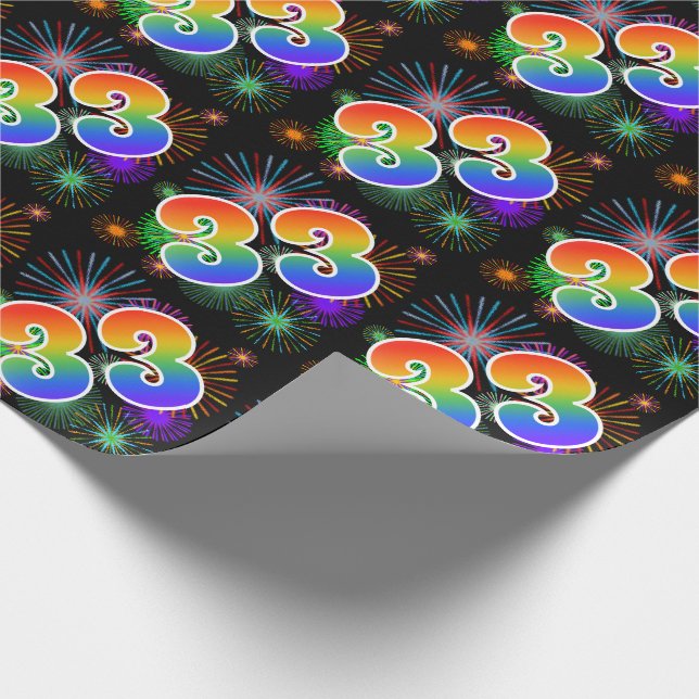 Colourful Fireworks + Rainbow Pattern "33" Event # Wrapping Paper (Corner)